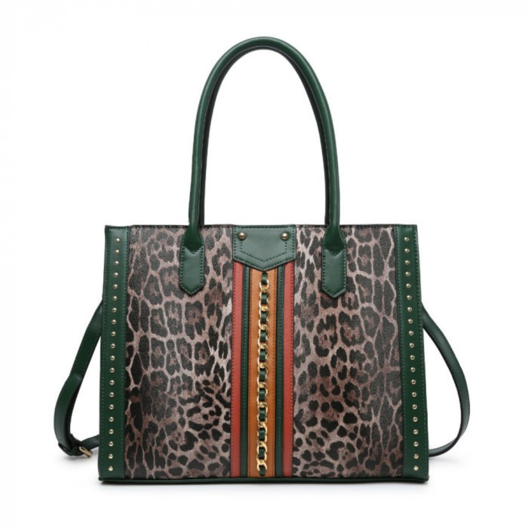 Craze London Tote Handbag with Leopard Print and Metal Chain Decoration