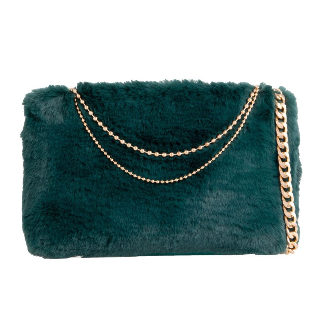 Craze London Womens Oversized crossbody clutch bag with fur look chain design