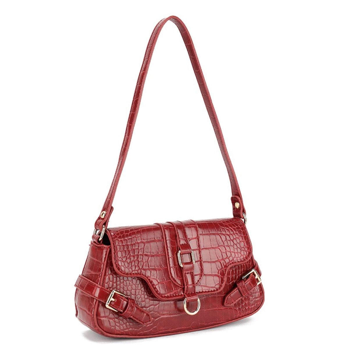 Faux Leather Croc Designer Buckle Detail Shoulder Bag