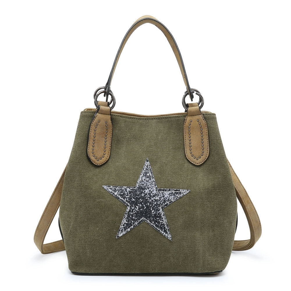 Womens Canvas Shoulder Bag Embellished Star Print