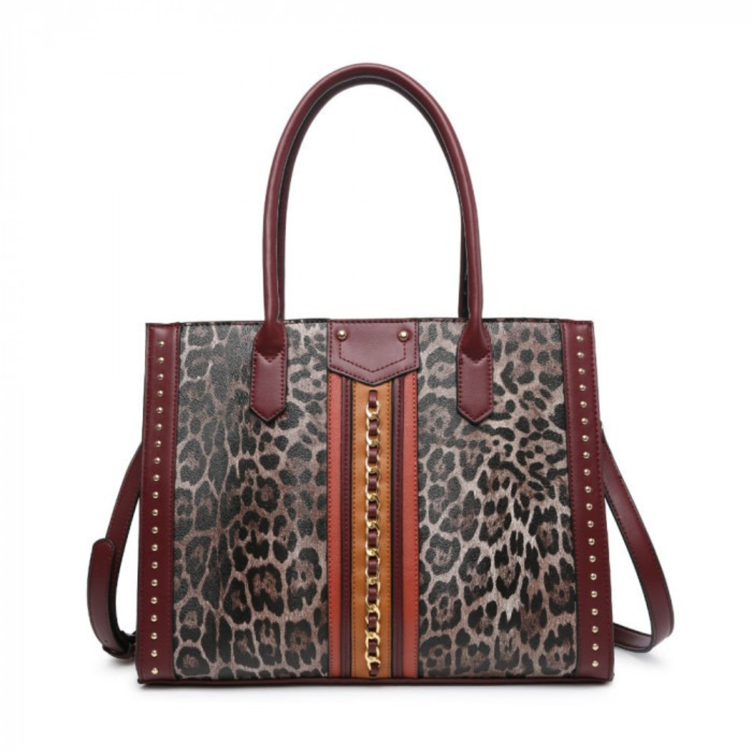 Craze London Tote Handbag with Leopard Print and Metal Chain Decoration