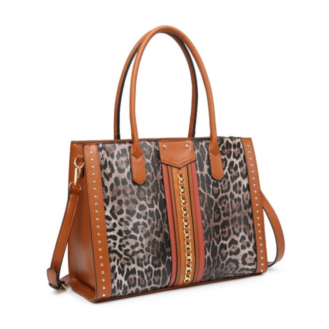 Craze London Tote Handbag with Leopard Print and Metal Chain Decoration