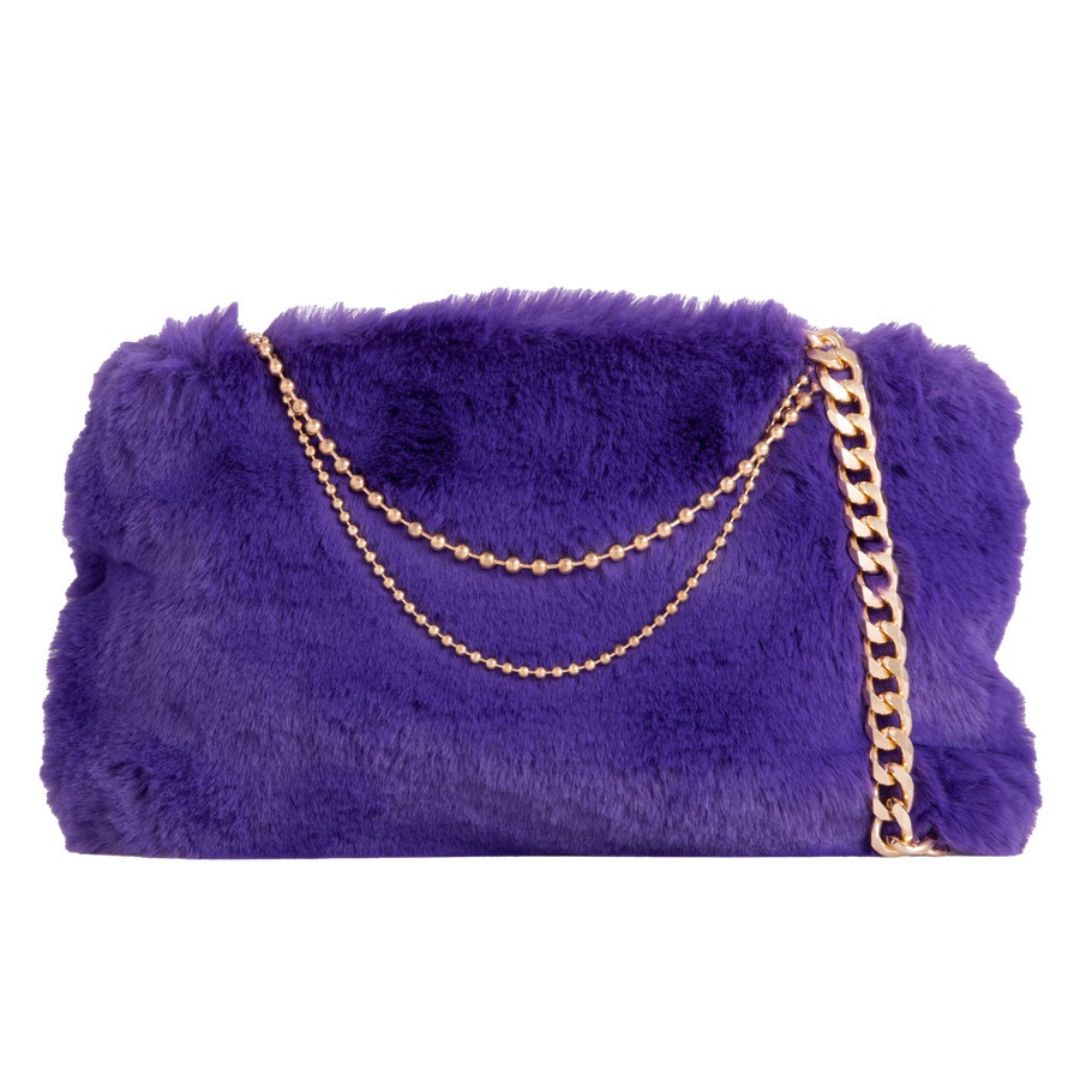 Craze London Womens Oversized crossbody clutch bag with fur look chain design