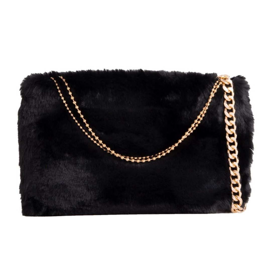 Craze London Womens Oversized crossbody clutch bag with fur look chain design